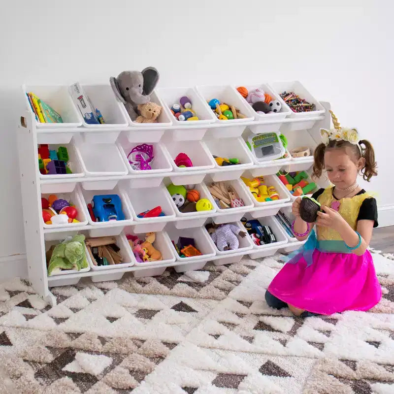 Organisateur de Rangement de Jouets Cambridge Mega Kids, 28 Bacs, Bibliothèque Blanche : Bacs de Rangement de Jouets, 4 Étagères, Anti-Basculement