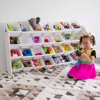 Organisateur de Rangement de Jouets Cambridge Mega Kids, 28 Bacs, Bibliothèque Blanche : Bacs de Rangement de Jouets, 4 Étagères, Anti-Basculement