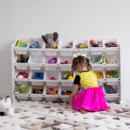 Organisateur de Rangement de Jouets Cambridge Mega Kids, 28 Bacs, Bibliothèque Blanche : Bacs de Rangement de Jouets, 4 Étagères, Anti-Basculement