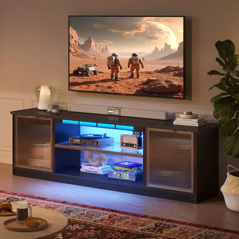 Meuble TV LED 57" pour PS5, jusqu'à 65", avec placards de rangement et étagère réglable