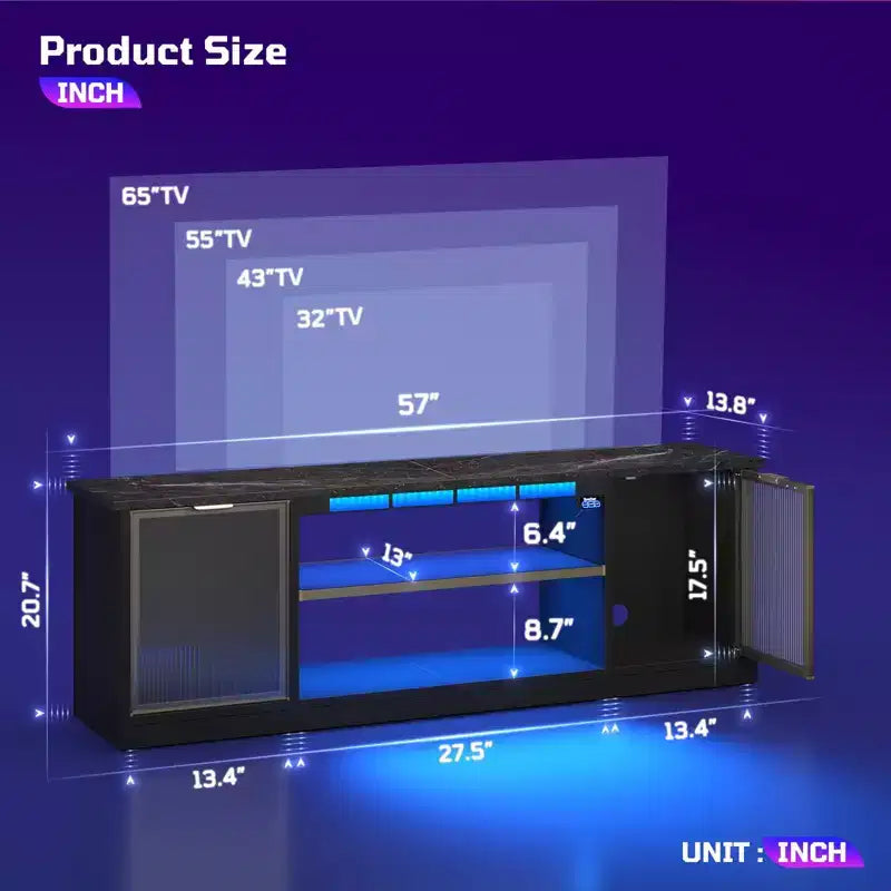 Meuble TV LED 57" pour PS5, jusqu'à 65", avec placards de rangement et étagère réglable
