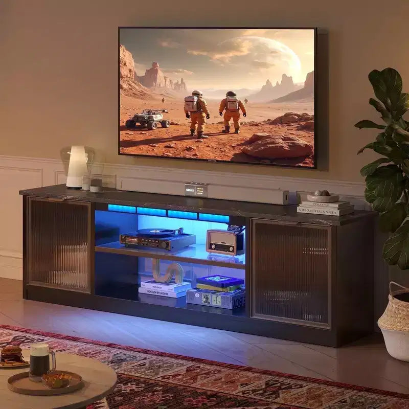 Meuble TV LED 57" pour PS5, jusqu'à 65", avec placards de rangement et étagère réglable