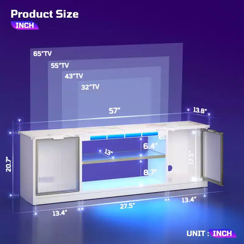 Meuble TV LED 57" pour PS5, jusqu'à 65", avec placards de rangement et étagère réglable