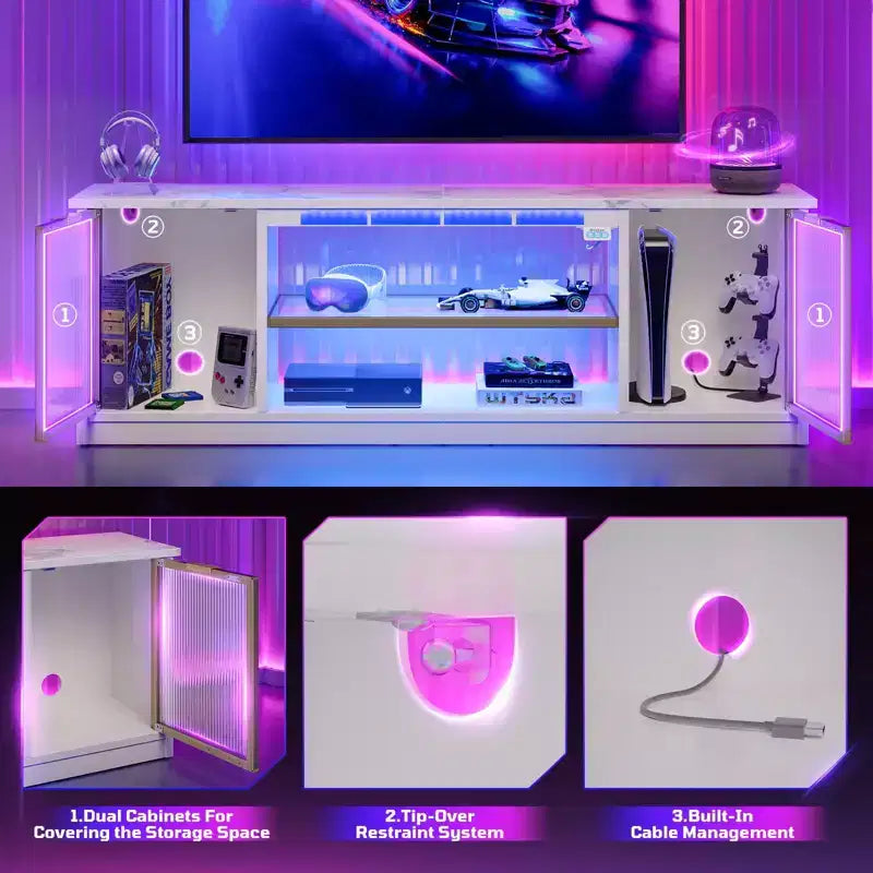 Meuble TV LED 57" pour PS5, jusqu'à 65", avec placards de rangement et étagère réglable