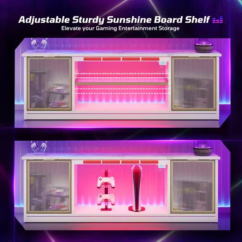 Meuble TV LED 57" pour PS5, jusqu'à 65", avec placards de rangement et étagère réglable