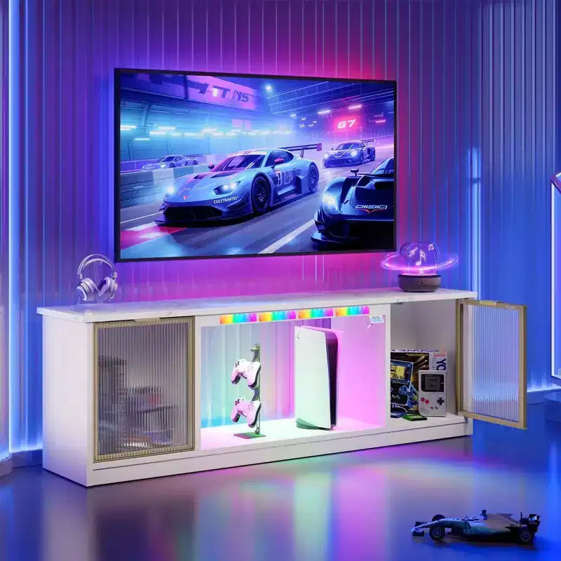 Meuble TV LED 57" pour PS5, jusqu'à 65", avec placards de rangement et étagère réglable