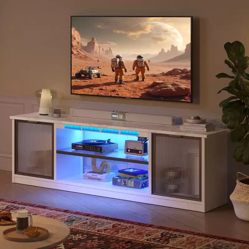 Meuble TV LED 57" pour PS5, jusqu'à 65", avec placards de rangement et étagère réglable