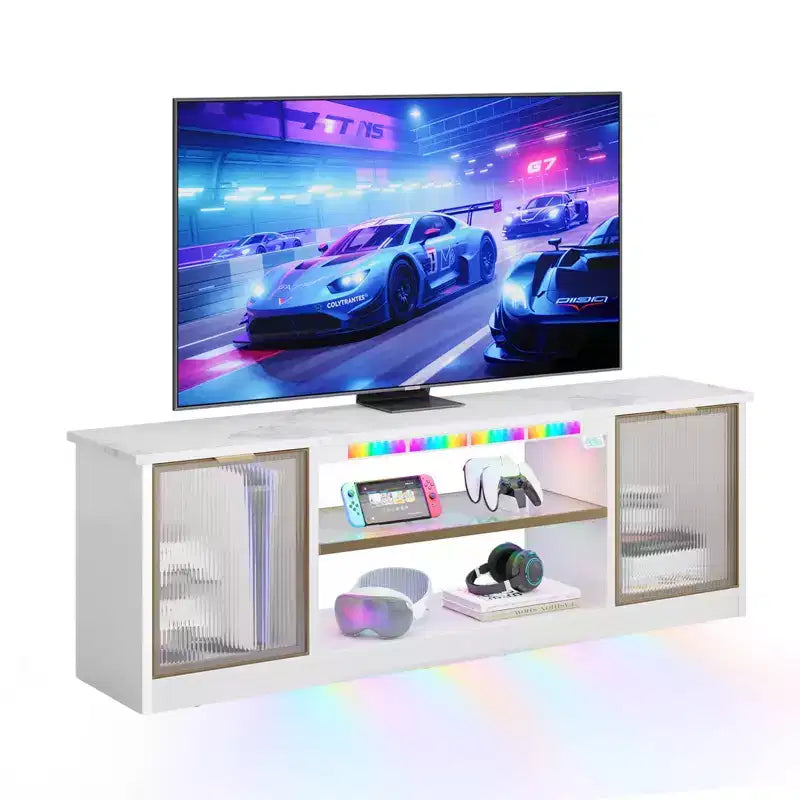 Meuble TV LED 57" pour PS5, jusqu'à 65", avec placards de rangement et étagère réglable