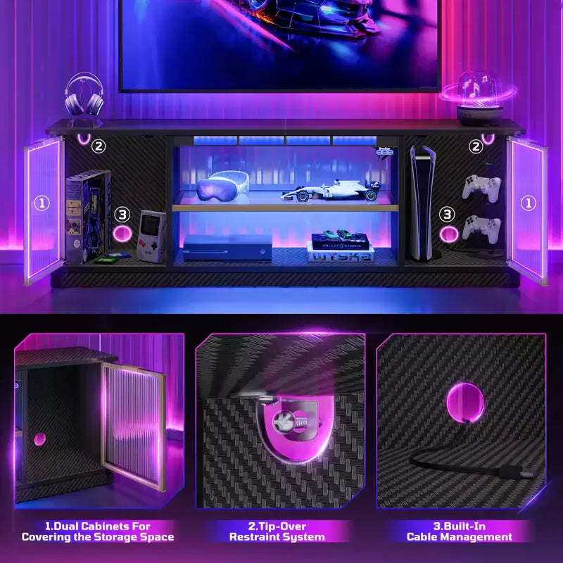 Meuble TV LED 57" pour PS5, jusqu'à 65", avec placards de rangement et étagère réglable