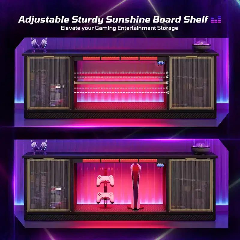 Meuble TV LED 57" pour PS5, jusqu'à 65", avec placards de rangement et étagère réglable