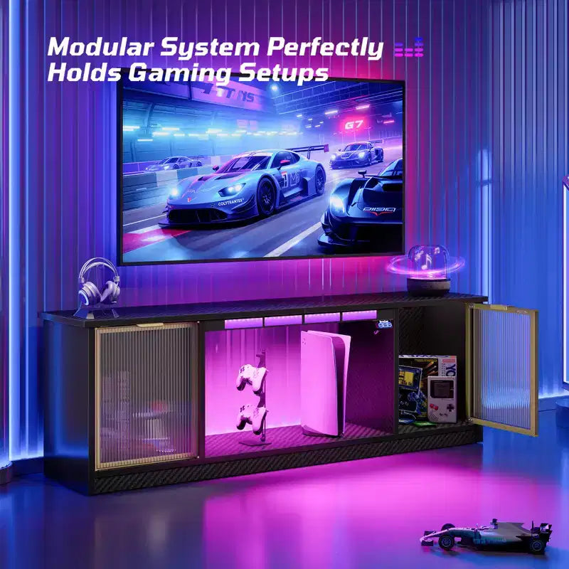 Meuble TV LED 57" pour PS5, jusqu'à 65", avec placards de rangement et étagère réglable
