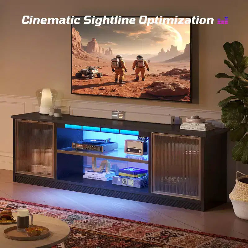 Meuble TV LED 57" pour PS5, jusqu'à 65", avec placards de rangement et étagère réglable