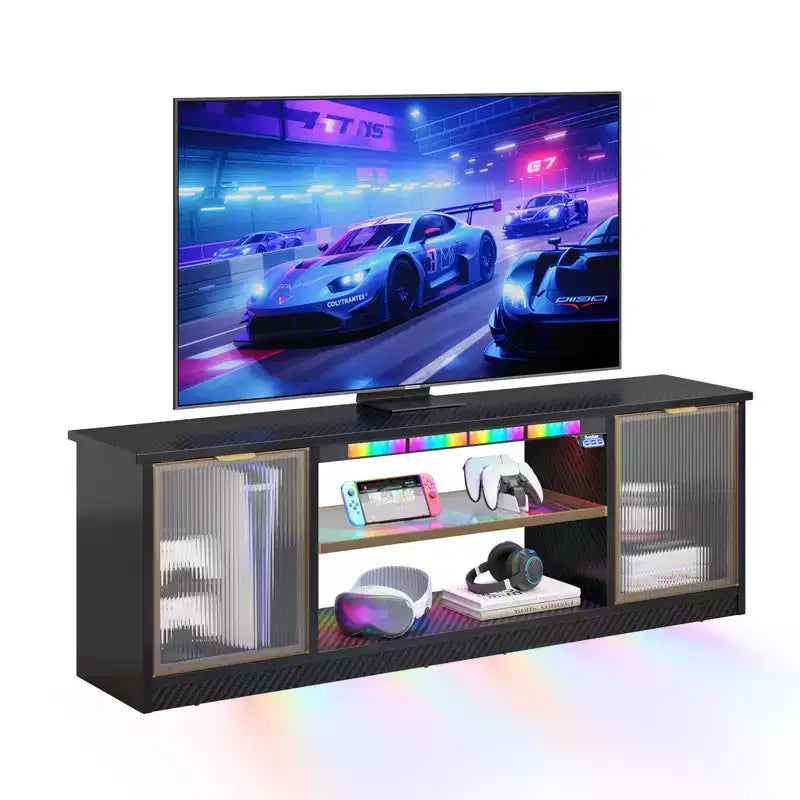 Meuble TV LED 57" pour PS5, jusqu'à 65", avec placards de rangement et étagère réglable