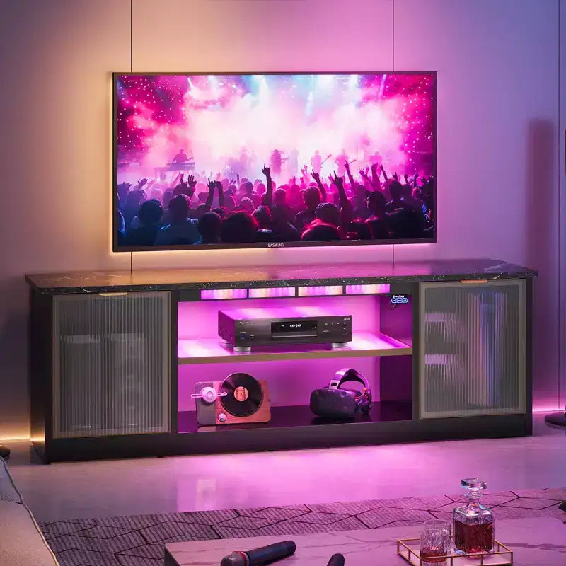 Meuble TV LED 57" pour PS5, jusqu'à 65", avec placards de rangement et étagère réglable