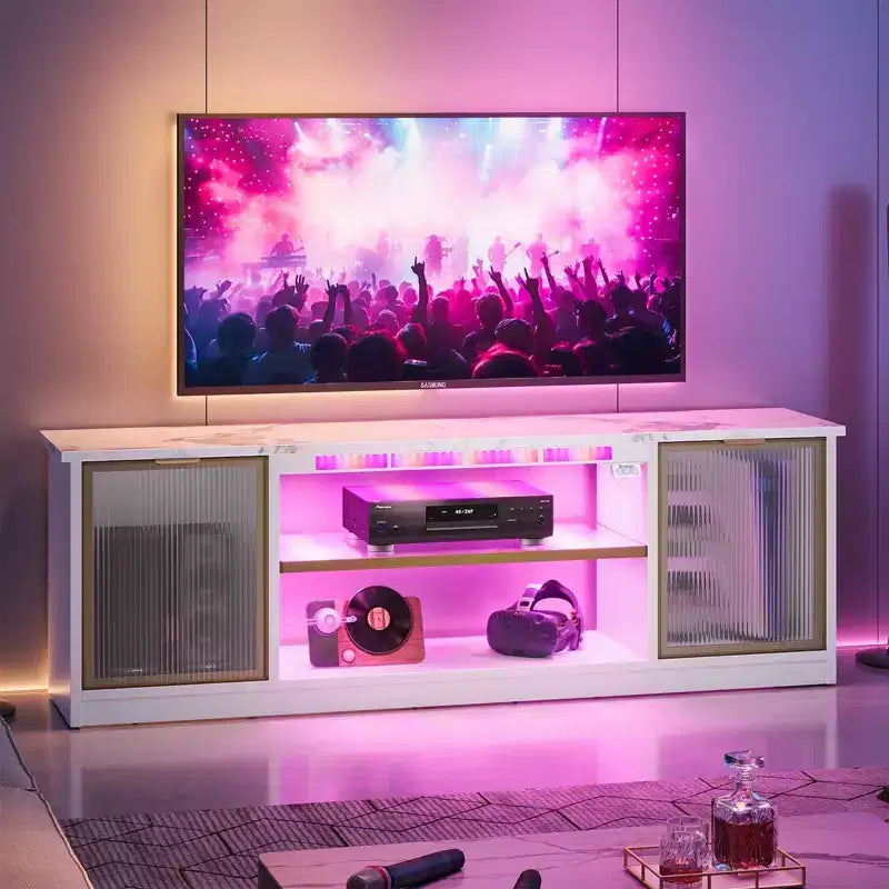 Meuble TV LED 57" pour PS5, jusqu'à 65", avec placards de rangement et étagère réglable