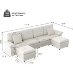 Canapé d'angle 6 places - Canapé moderne de 117 po avec 2 poufs, beige