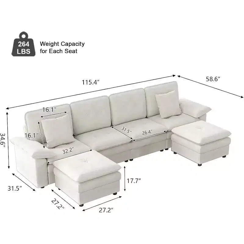 Canapé d'angle 6 places - Canapé moderne de 117 po avec 2 poufs, beige