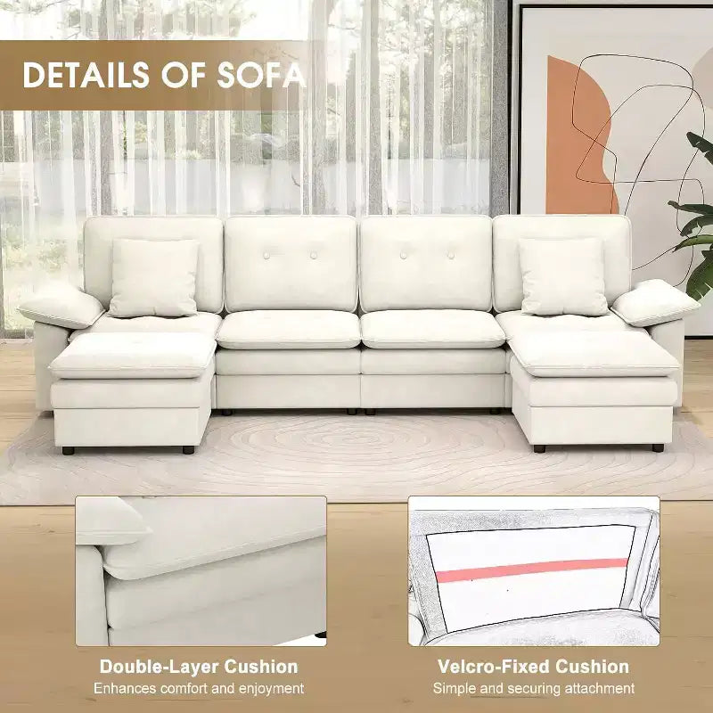 Canapé d'angle 6 places - Canapé moderne de 117 po avec 2 poufs, beige