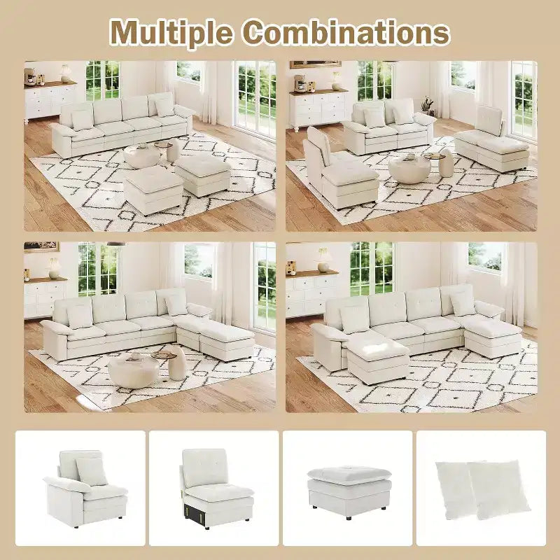 Canapé d'angle 6 places - Canapé moderne de 117 po avec 2 poufs, beige