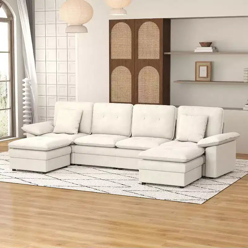 Canapé d'angle 6 places - Canapé moderne de 117 po avec 2 poufs, beige