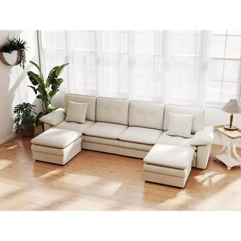 Canapé d'angle 6 places - Canapé moderne de 117 po avec 2 poufs, beige