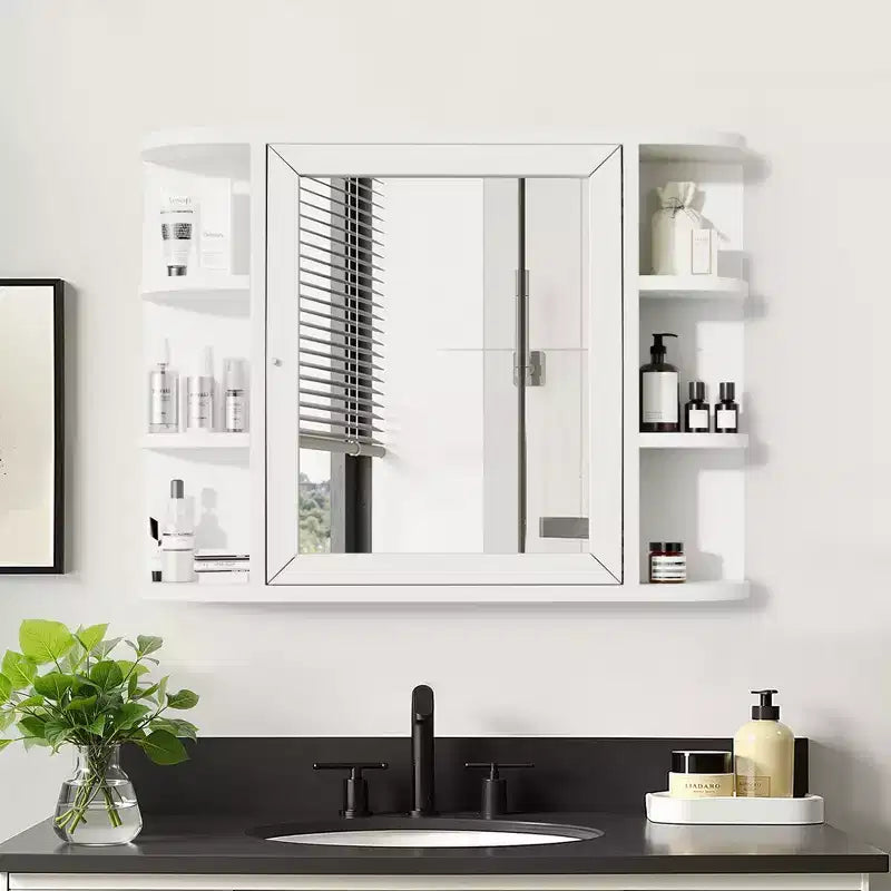 31.5 x 23.6 inch White Wall Mounted Bathroom Storage Cabinet with Mirror Door Medicine Cabinet with 6 Open Shelves