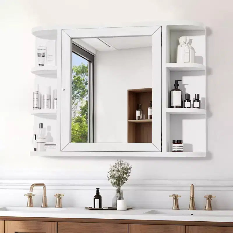 Armoire de toilette murale blanche de 31,5 x 23,6 pouces avec porte miroir et 6 étagères ouvertes