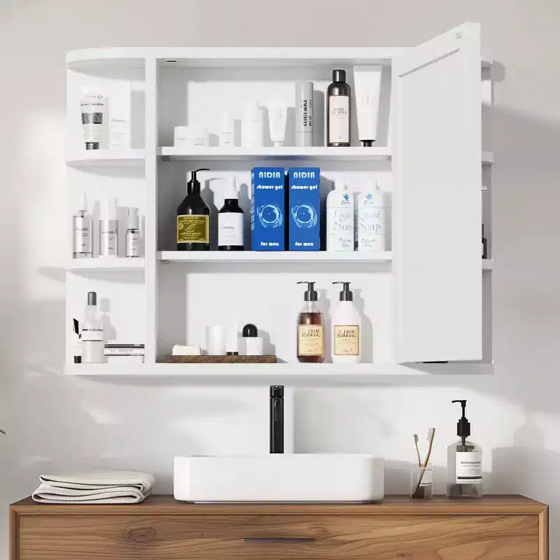 Armoire de toilette murale blanche de 31,5 x 23,6 pouces avec porte miroir et 6 étagères ouvertes