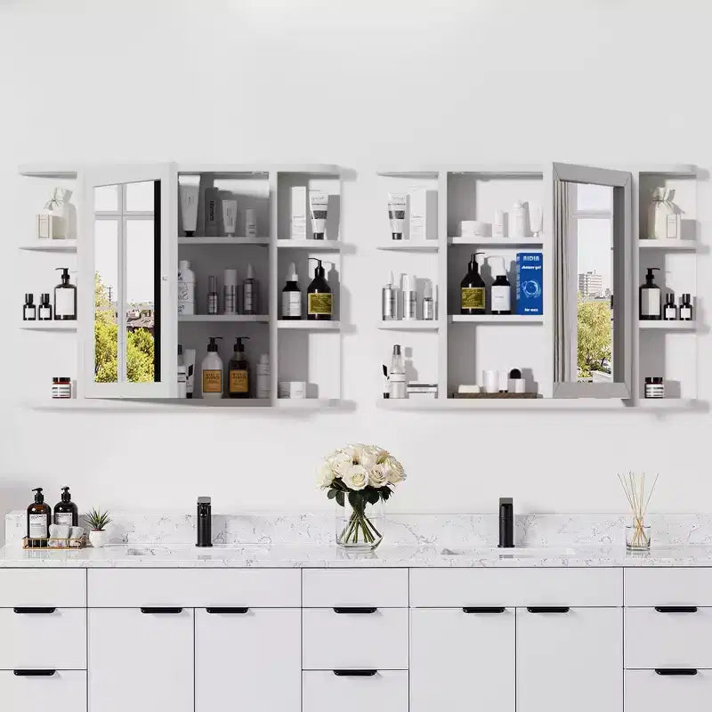 Armoire de toilette murale blanche de 31,5 x 23,6 pouces avec porte miroir et 6 étagères ouvertes