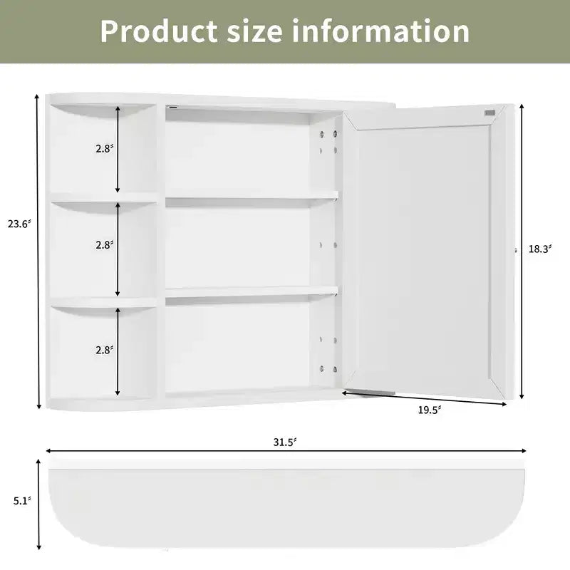 Armoire de toilette murale blanche de 31,5 x 23,6 pouces avec porte miroir et 6 étagères ouvertes