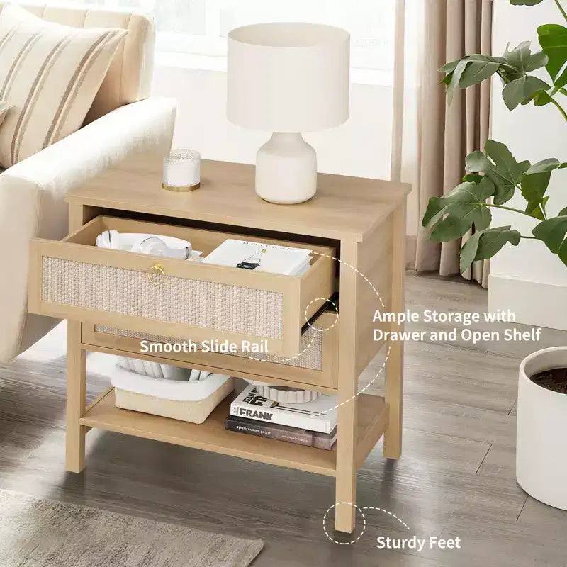 Tables de chevet lot de 2, Table de nuit en rotin, Table de chevet avec tiroirs et étagère de rangement, Table d'appoint étroite pour canapé, Table de chevet moderne pour chambre à coucher et salon