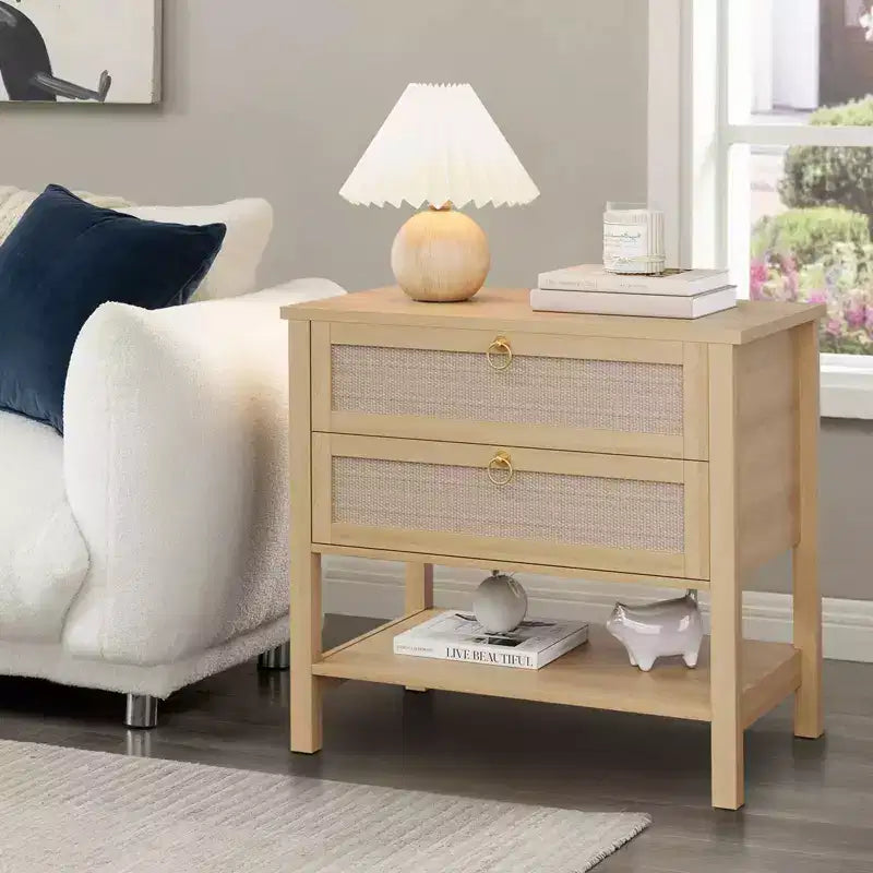 Tables de chevet lot de 2, Table de nuit en rotin, Table de chevet avec tiroirs et étagère de rangement, Table d'appoint étroite pour canapé, Table de chevet moderne pour chambre à coucher et salon
