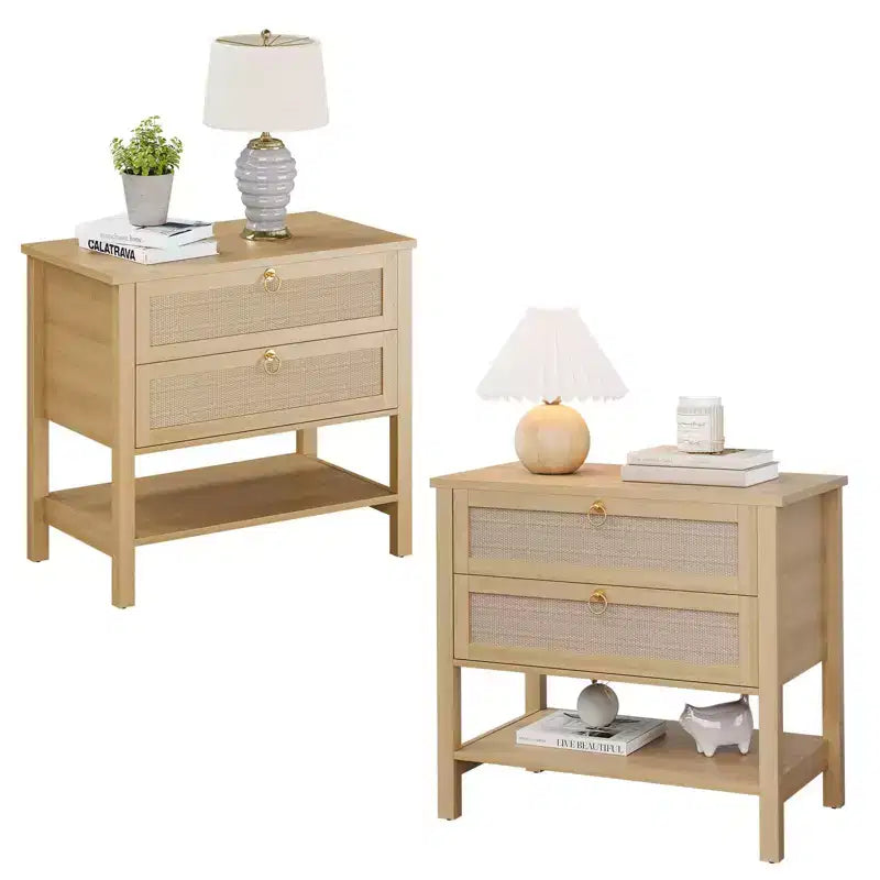 Nightstands Set of 2, Rattan Night Stand, Bedside Table with Drawers Storage Shelf, Narrow Sofa Side Table, Modern Nightstand for Bedroom Living Room