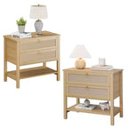 Nightstands Set of 2, Rattan Night Stand, Bedside Table with Drawers Storage Shelf, Narrow Sofa Side Table, Modern Nightstand for Bedroom Living Room
