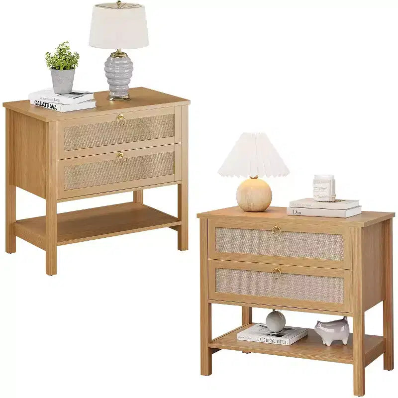 Tables de chevet lot de 2, Table de nuit en rotin, Table de chevet avec tiroirs et étagère de rangement, Table d'appoint étroite pour canapé, Table de chevet moderne pour chambre à coucher et salon