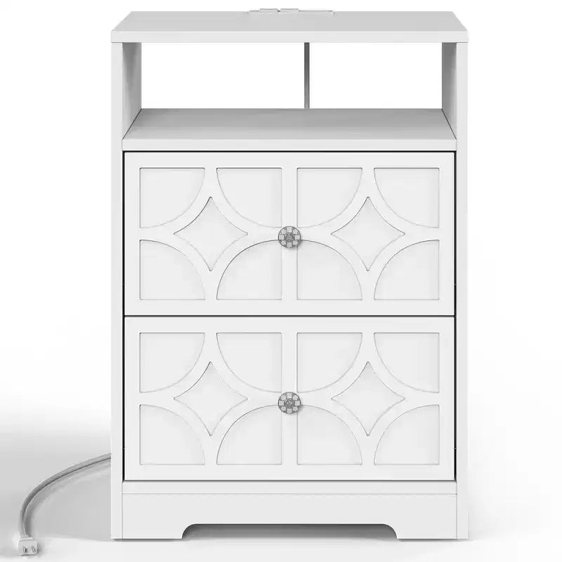 Grande table de chevet avec 2 tiroirs, Table d'appoint moderne avec station de charge, Table d'appoint avec sculptures en losanges, Meuble de rangement
