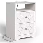 Grande table de chevet avec 2 tiroirs, Table d'appoint moderne avec station de charge, Table d'appoint avec sculptures en losanges, Meuble de rangement