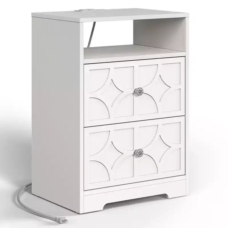 Grande table de chevet avec 2 tiroirs, Table d'appoint moderne avec station de charge, Table d'appoint avec sculptures en losanges, Meuble de rangement
