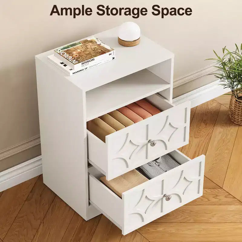 Grande table de chevet avec 2 tiroirs, Table d'appoint moderne avec station de charge, Table d'appoint avec sculptures en losanges, Meuble de rangement
