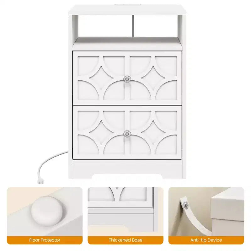 Grande table de chevet avec 2 tiroirs, Table d'appoint moderne avec station de charge, Table d'appoint avec sculptures en losanges, Meuble de rangement