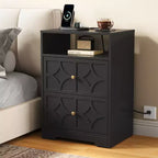 Grande table de chevet avec 2 tiroirs, Table d'appoint moderne avec station de charge, Table d'appoint avec sculptures en losanges, Meuble de rangement