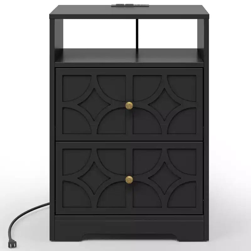 Grande table de chevet avec 2 tiroirs, Table d'appoint moderne avec station de charge, Table d'appoint avec sculptures en losanges, Meuble de rangement