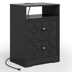 Grande table de chevet avec 2 tiroirs, Table d'appoint moderne avec station de charge, Table d'appoint avec sculptures en losanges, Meuble de rangement