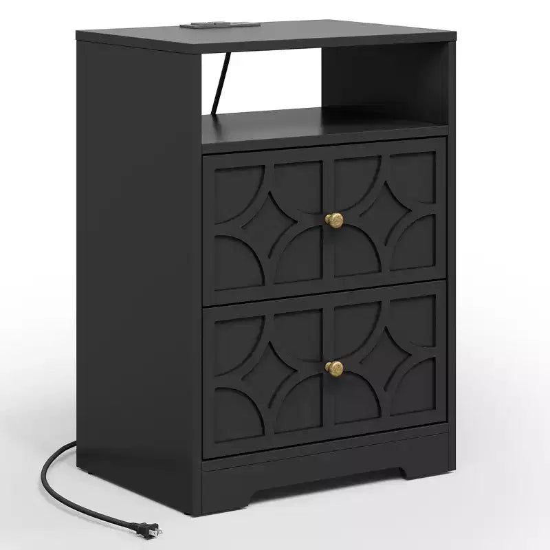 Grande table de chevet avec 2 tiroirs, Table d'appoint moderne avec station de charge, Table d'appoint avec sculptures en losanges, Meuble de rangement