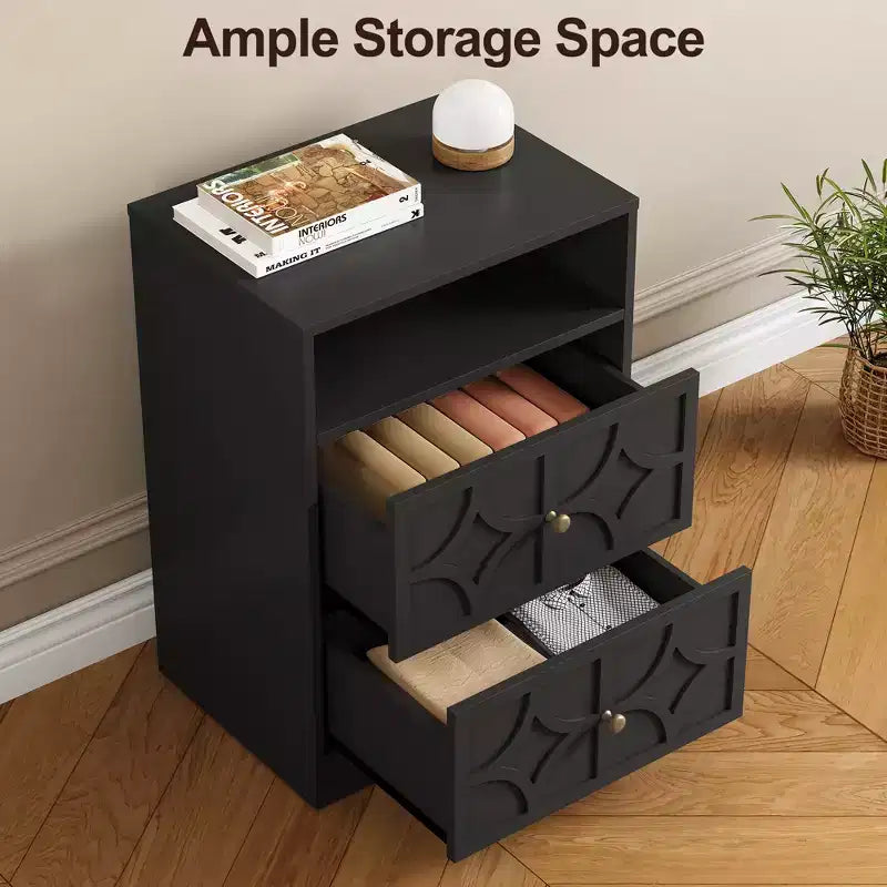 Grande table de chevet avec 2 tiroirs, Table d'appoint moderne avec station de charge, Table d'appoint avec sculptures en losanges, Meuble de rangement