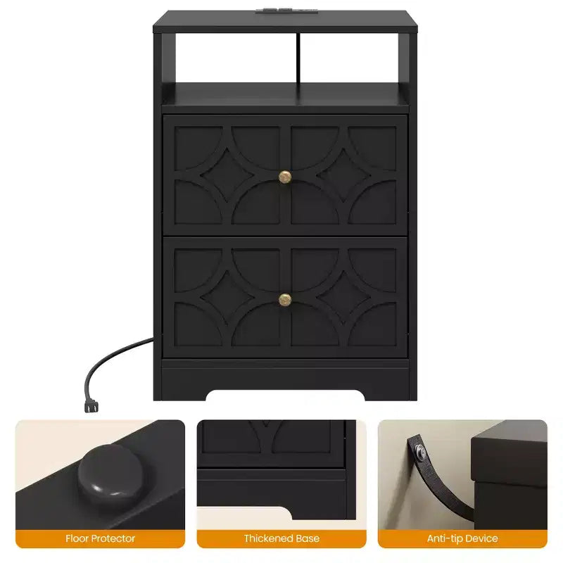 Grande table de chevet avec 2 tiroirs, Table d'appoint moderne avec station de charge, Table d'appoint avec sculptures en losanges, Meuble de rangement