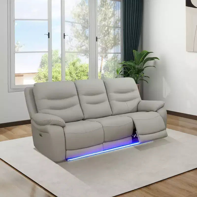 MAYEERTY Power Reclining Sofa, Electric 3-Seat Breathable Leather Recliner with USB Charging, LED Lighting for Living Room, Light Grey
