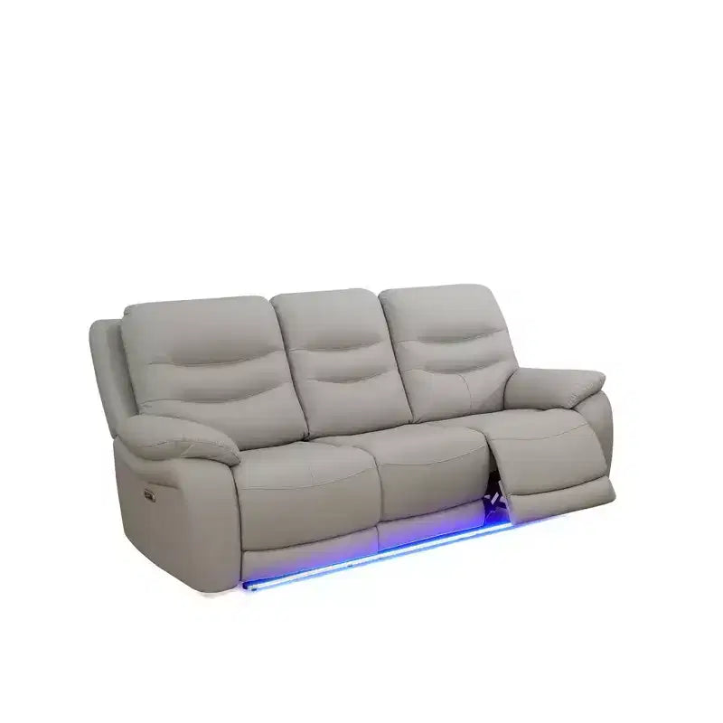 Canapé inclinable électrique 3 places en cuir respirant avec port USB et éclairage LED pour salon, gris clair