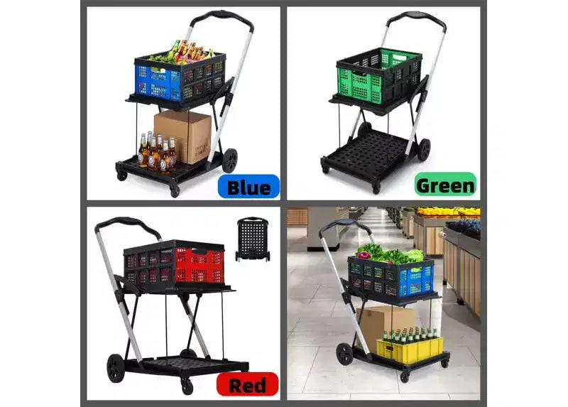 Chariot de courses pliable, chariot d'épicerie pliable avec roues et caisse de rangement amovible, chariot utilitaire portable à 2 niveaux pour la maison, les courses, le supermarché