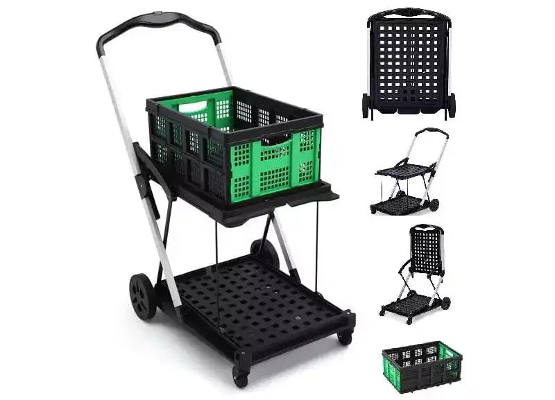 Chariot de courses pliable, chariot d'épicerie pliable avec roues et caisse de rangement amovible, chariot utilitaire portable à 2 niveaux pour la maison, les courses, le supermarché